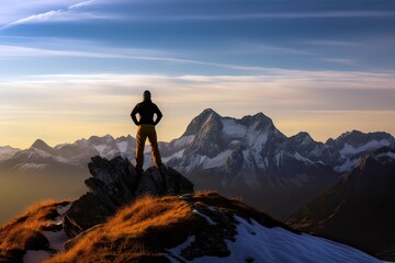 Mountain climber admires beautiful view. Photo generative AI