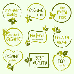 Organic food, natural food and healthy life product logos, stickers, labels and badges for food and drink market.