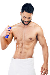 Fototapeta premium Spray, clean and body of a man with deodorant after a shower isolated on a png background. Wellness, happy and young model with a smile for a fragrance product, health and happiness for hygiene