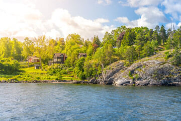Residential houses on scandinavian coastline. Stockholm Archipelago, Sweden