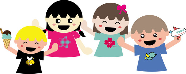 Four children with different hair colors and different clothes, group of children, children's day