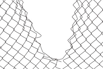 The texture of the metal mesh. Torn, destroyed, broken metal mesh on a white background