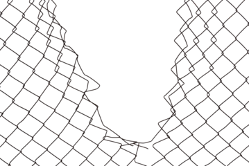 The texture of the metal mesh. Torn, destroyed, broken metal mesh on a white background