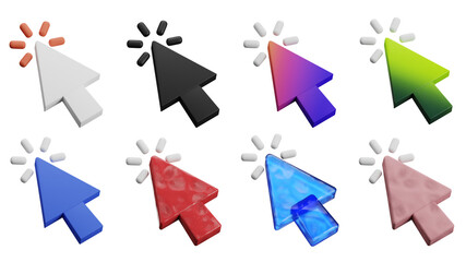 Cursor Clicking 3d Icon Set Isolated. Collection of Colorful 3d Pointer Arrow Element Design Illustration.