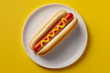 Hot dog with mustard on white plate.Yellow isolated background.Top view.Copy and text space.Created with generative ai