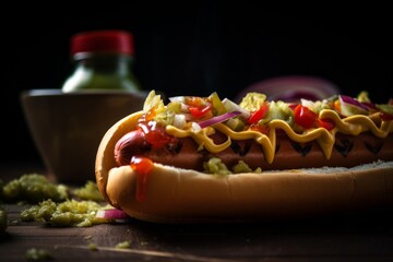 Saftiger Hotdog mit Wurst Zwiebeln Senf Ketchup und weiteren Zutaten - Amerikanischer Hot Dog  - obrazy, fototapety, plakaty