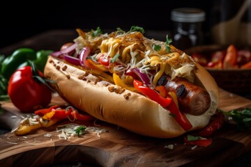 Saftiger Hotdog mit Wurst Zwiebeln Senf Ketchup und weiteren Zutaten - Amerikanischer Hot Dog 