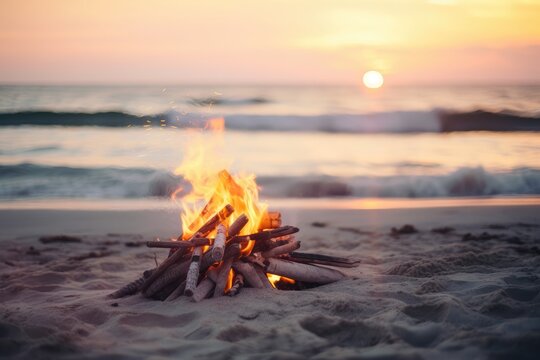 beautiful sunset over the sea is accompanied by a blazing fire on the beach, creating a warm and inviting atmosphere. Generative AI
