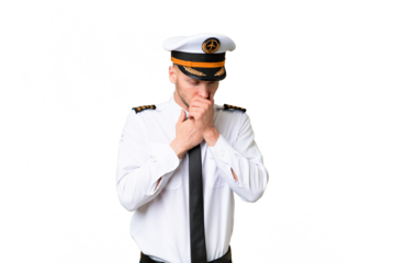 Airplane pilot man over isolated background is suffering with cough and feeling bad