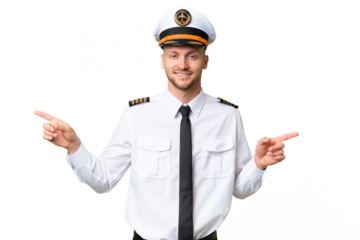 Airplane pilot man over isolated background pointing finger to the laterals and happy