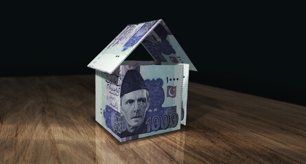 Pakistani Rupee 1000 PKR money banknotes paper house on the table 3d illustration
