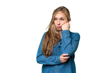 Young blonde woman over isolated background with tired and bored expression