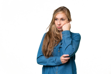 Young blonde woman over isolated background with tired and bored expression