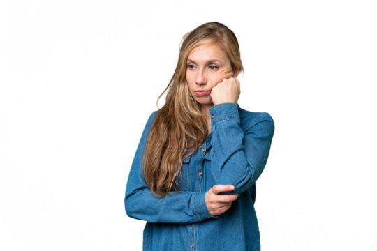 Young blonde woman over isolated background with tired and bored expression