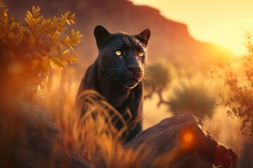 Portrait of a majestic black panther at sunset. Generative AI.