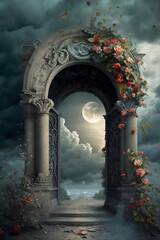 arch with bushes of pink roses with  full moon