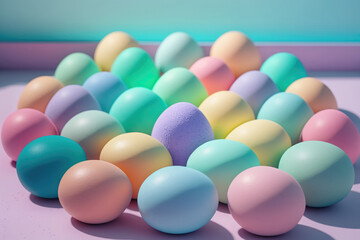 Fototapeta na wymiar Flat lay of colorful chicken eggs texture background easter concept. Neural network AI generated art