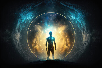 Fototapeta premium Сyber space concept of glowing astral body silhouette neural network AI generated art