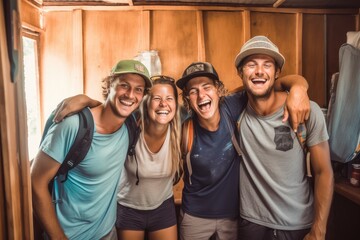 group of cheerful backpackers enjoying their stay in a hostel. With their smiling faces and relaxed demeanor. Generative AI - obrazy, fototapety, plakaty
