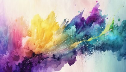 Fototapeta premium Bright abstract watercolor background. Colored chaotic paint splatter. Rainbow watercolor wallpaper. Generative AI.