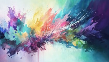 Naklejka na ściany i meble Bright abstract watercolor background. Colored chaotic paint splatter. Rainbow watercolor wallpaper. Generative AI.