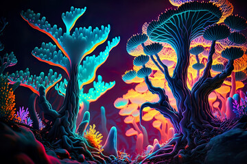 Obraz na płótnie Canvas Glowing mushrooms and tree forest