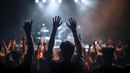 group of people is seen from the back with their hands up, dancing and enjoying the music at a festival. Generative AI