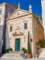 Facade of St. Marko Church, St. Mark’s Church, in Perast, a village in Kotor bay, Montenegro, Europe