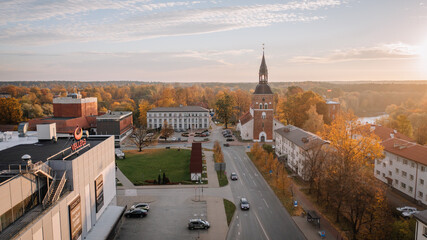 Fototapeta premium many houses in a small town, photographed from above. Wide angle panoramic photo with real estate, suitable for web banner