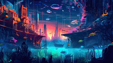 Obraz premium An underwater cityscape filled with bioluminescent creatures. Fantasy, panoramic shot, deep in the ocean, mysterious atmosphere. Digital Illustration with vibrant and glowing colors. Generative AI