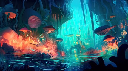 An underwater cityscape filled with bioluminescent creatures. Fantasy, panoramic shot, deep in the ocean, mysterious atmosphere. Digital Illustration with vibrant and glowing colors. Generative AI
