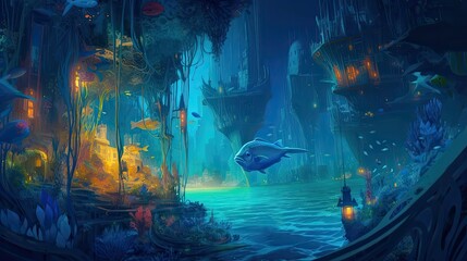 An underwater cityscape filled with bioluminescent creatures. Fantasy, panoramic shot, deep in the ocean, mysterious atmosphere. Digital Illustration with vibrant and glowing colors. Generative AI