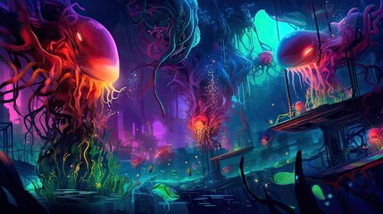 Obraz premium An underwater cityscape filled with bioluminescent creatures. Fantasy, panoramic shot, deep in the ocean, mysterious atmosphere. Digital Illustration with vibrant and glowing colors. Generative AI