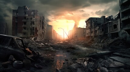 Destroyed city post- apocalypse concept. futuristic cityscape illustration. AI generated 