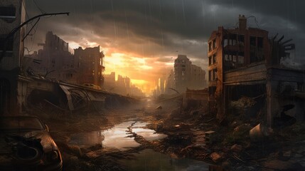 Destroyed city post- apocalypse concept. futuristic cityscape illustration. AI generated	
 - obrazy, fototapety, plakaty