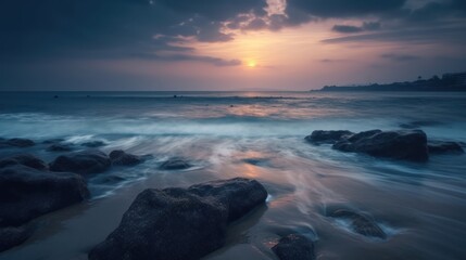 Obraz premium Panoramic view of beautiful rocky coast at sunset generative ai