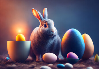 Fototapeta na wymiar Easter bunny, eggs, candle and blue navy background with copy space template. Generative AI