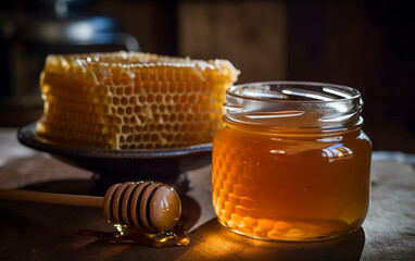 Honey jar with golden honey and honeycomb on a dark surface, warm indoor lighting.