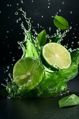 Fototapeta na wymiar Generative AI. Lime and mint, water splash on black background