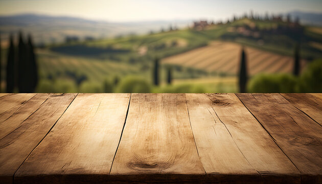 Wooden table in vineyard for mock up, Generative AI