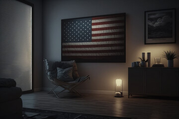 AI generated illustration of dark american flag blowing wind at room interior USA independence day