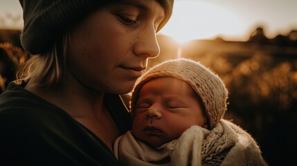 "A Mother's Love: Capturing the Serenity of a Newborn Baby Boy Resting in his Mother's Arms".Generative AI