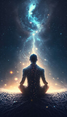 Obraz na płótnie Canvas Yoga concept with back view man sitting in lotus pose against starry sky background AI generated