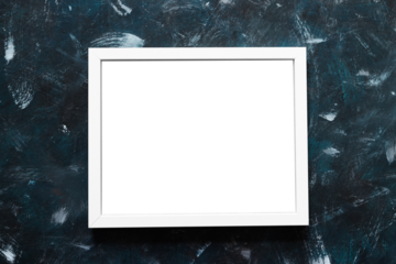 white rectangular picture frame mock-up with copy space for yout text or image on top of navy blue background