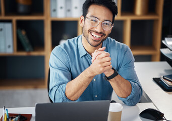 Asian man, portrait smile and small business finance or networking at office desk. Portrait of...