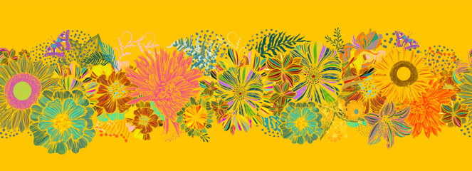 Fototapeta na wymiar Seamless background pattern illustration. Graphic beautiful different flowers. Vector illustration. Hand drawn.