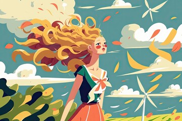 Obraz na płótnie Canvas Flat woman Wind Summer Beauty flat cartoon AI Generated