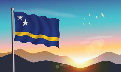 Curacao flag with mountains and morning sun in background