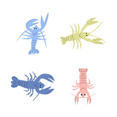 Crayfish Character sea animal on deep background. Wild life illustration. Underwear world. Vector illustration.