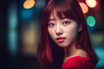 Fototapeta premium Beautiful Asian Girl, Face Shot in Low light environment with Bokeh Light Background. generative AI